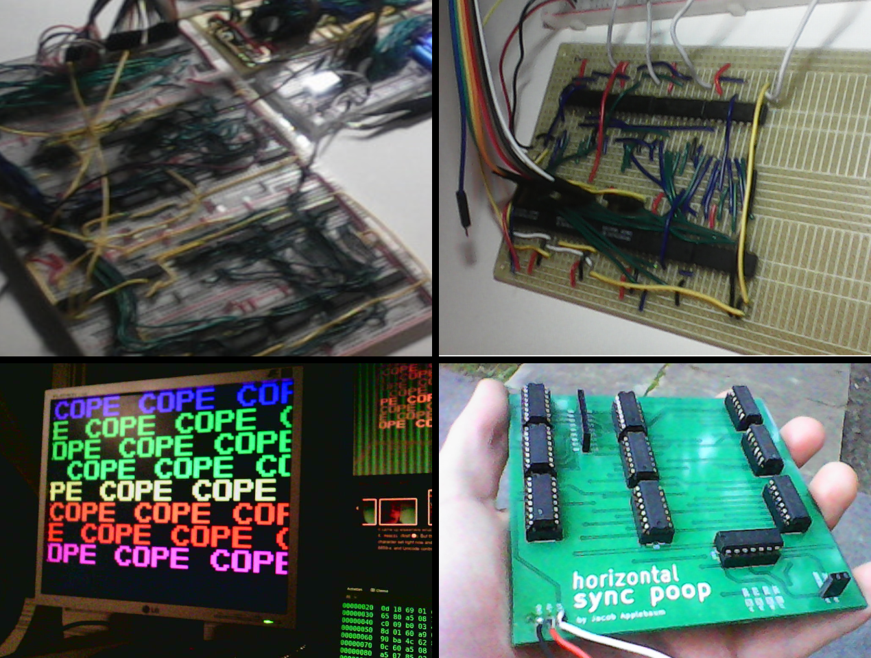 a collage of the various stages of the VGA card I made on a breadboard, then on a perfboard, and then a PCB